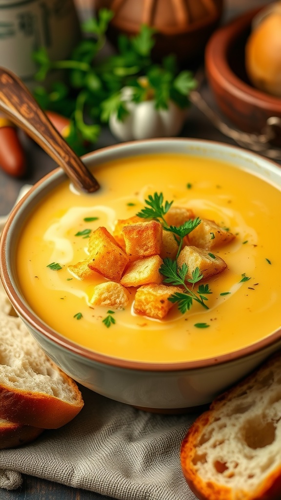 A bowl of garlic soup with croutons and parsley, accompanied by crusty bread on a wooden table.